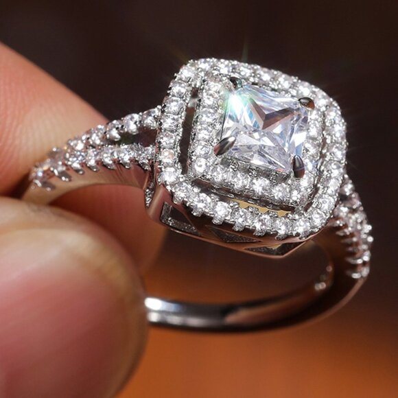 😍PRINCESS CUT 14K WHITE GOLD PURE CZ SQUARE BEAUTIFUL LUXURY WEDDING RING, K904 main image 9